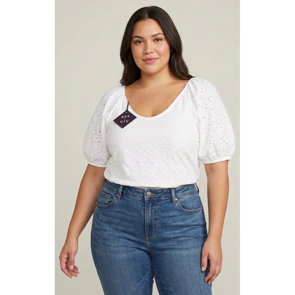 Ava & Viv Womens White Eyelet Puff Sleeve Scoop Neck Blouse Top NWT 2X